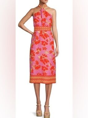 ANTONIO MELANI Pink and Red Floral Linen Halter Maxi Dress